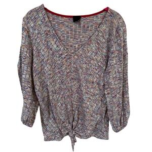 W5 Multicolor Knit Top M V Neck Tie Front Boho 3/4 Sleeve Lightweight